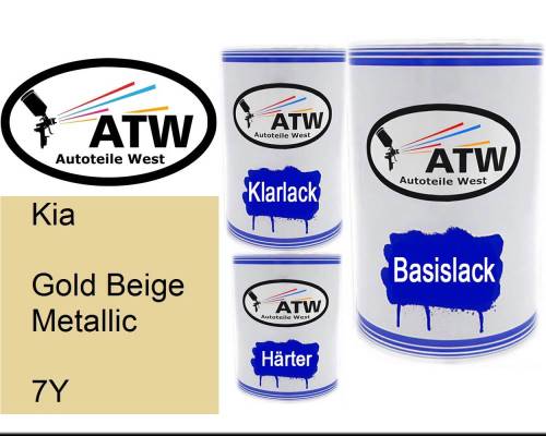 Kia, Gold Beige Metallic, 7Y: 500ml Lackdose + 500ml Klarlack + 250ml Härter - Set, von ATW Autoteile West.